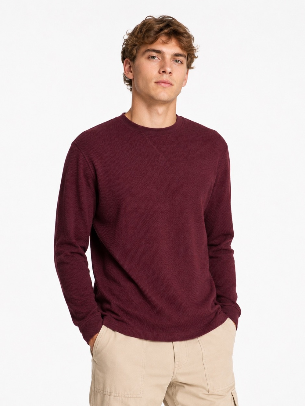 Goodfellow & Co Men's Vintage Textured Crewneck Long Sleeve Shirt Burgundy Small